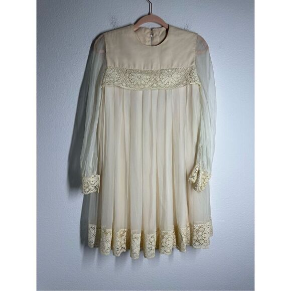 unbranded Dresses & Skirts - Rare Vintage Pleated Mini Dress Lace Trim Lined Sheer Size 5 (M) Cream Back Zip